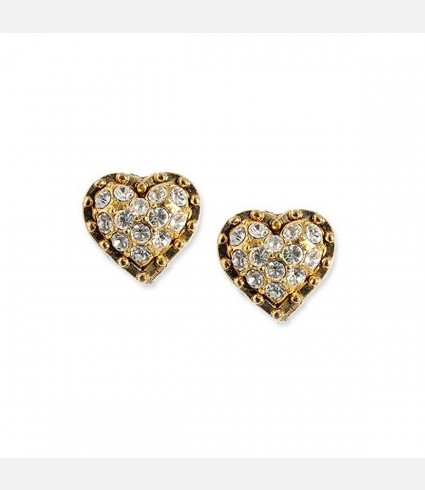 Gold Tone and Crystal Heart Stud Earrings